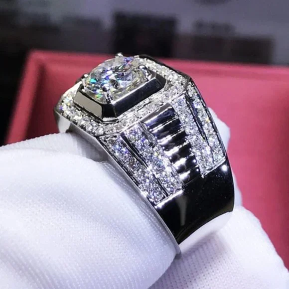 🎁 Fever Square Glitter Zircon Silver Chunky Wedding Rings for Man, PD663